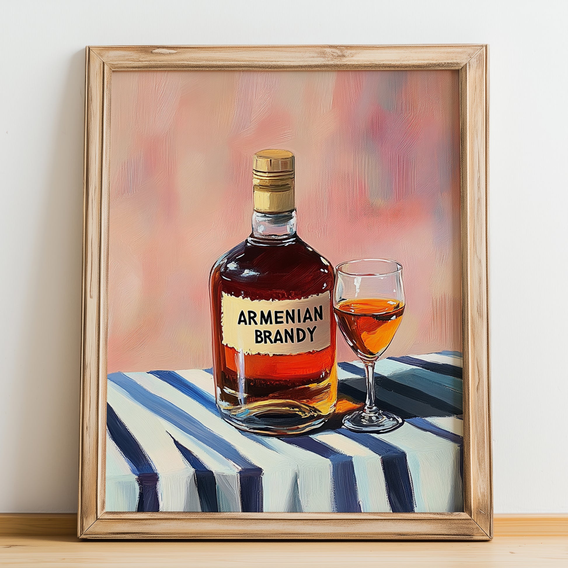 Armenian Brandy – on Striped Tablecloth, Armenian Spirit Wall Decor, no-text version framed in wood