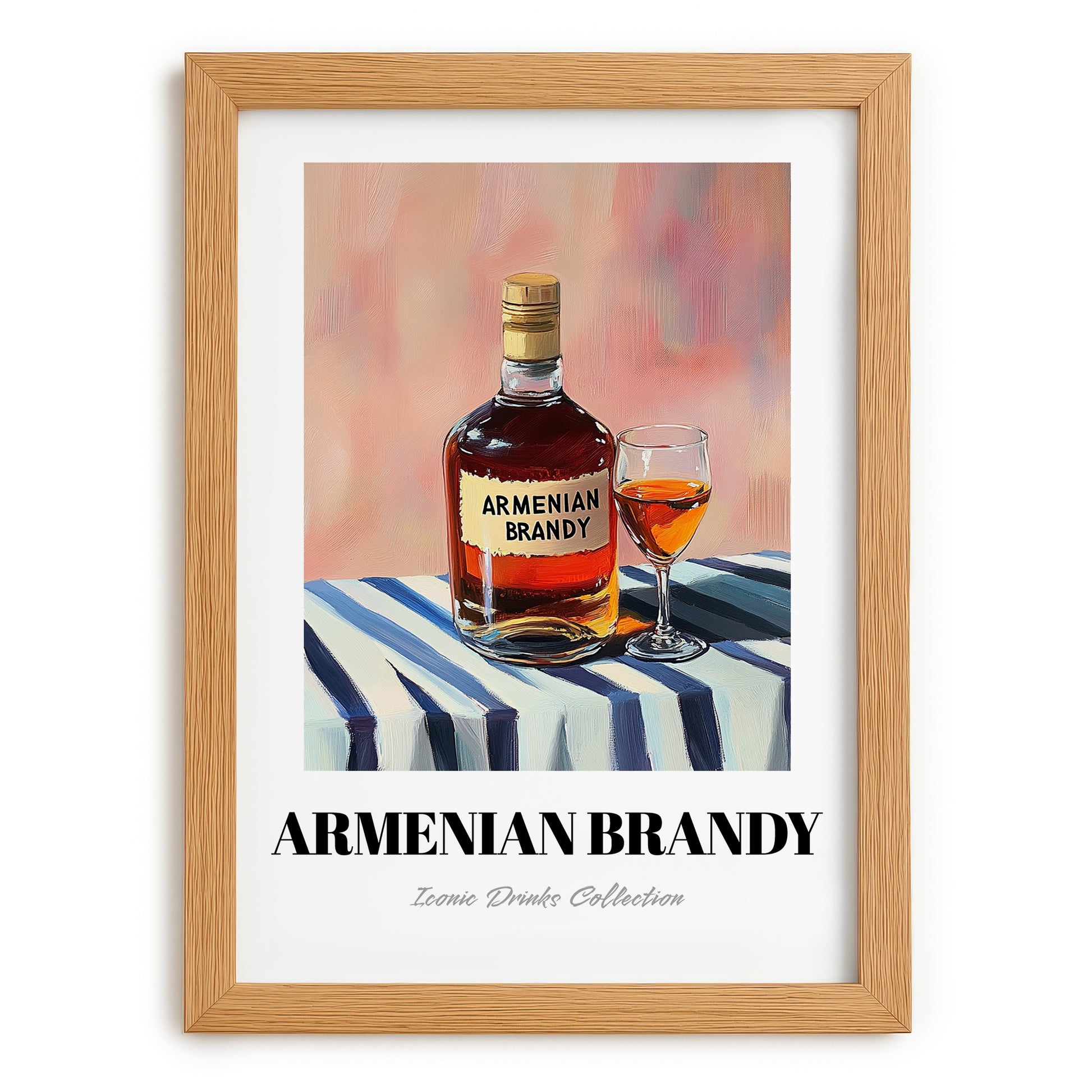 Armenian Brandy – on Striped Tablecloth, Armenian Spirit Wall Decor, set in oak frame