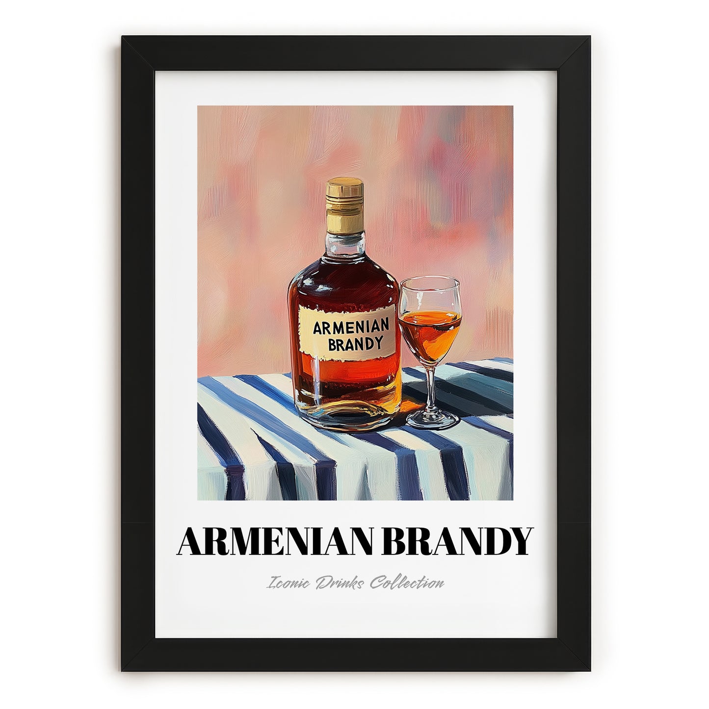 Armenian Brandy – on Striped Tablecloth, Armenian Spirit Wall Decor, in sleek black frame