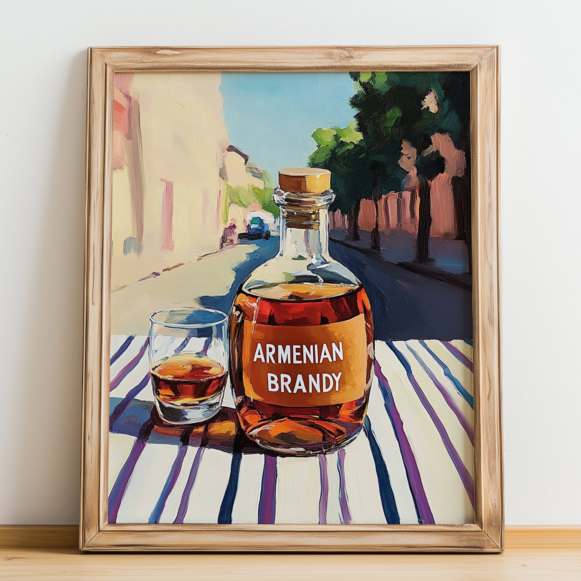Armenian Brandy – Armenian Urban Café Scene, Armenian Tea Wall Decor, no-text version framed in wood