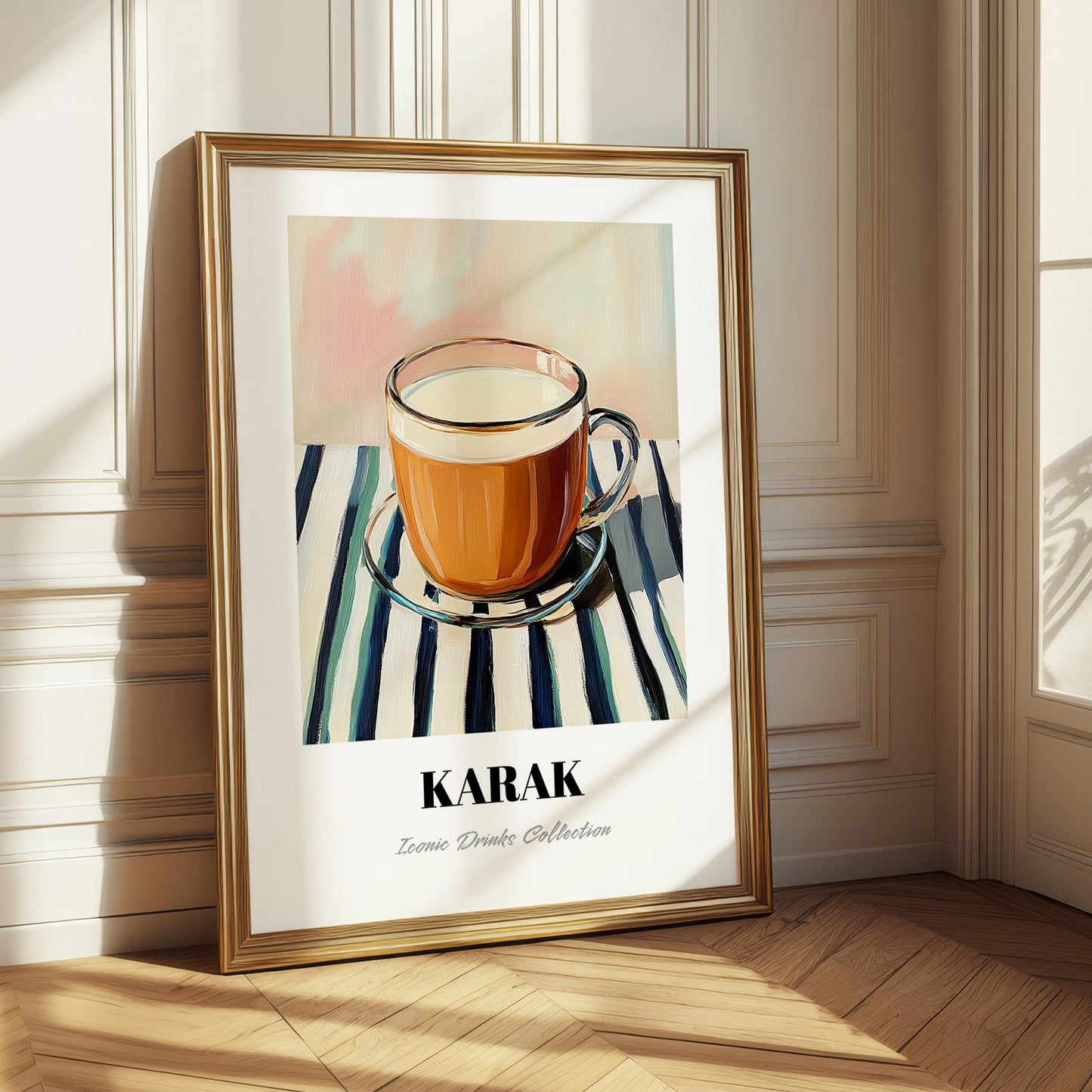 Karak – on Striped Tablecloth, Qatari Beverage Wall Decor