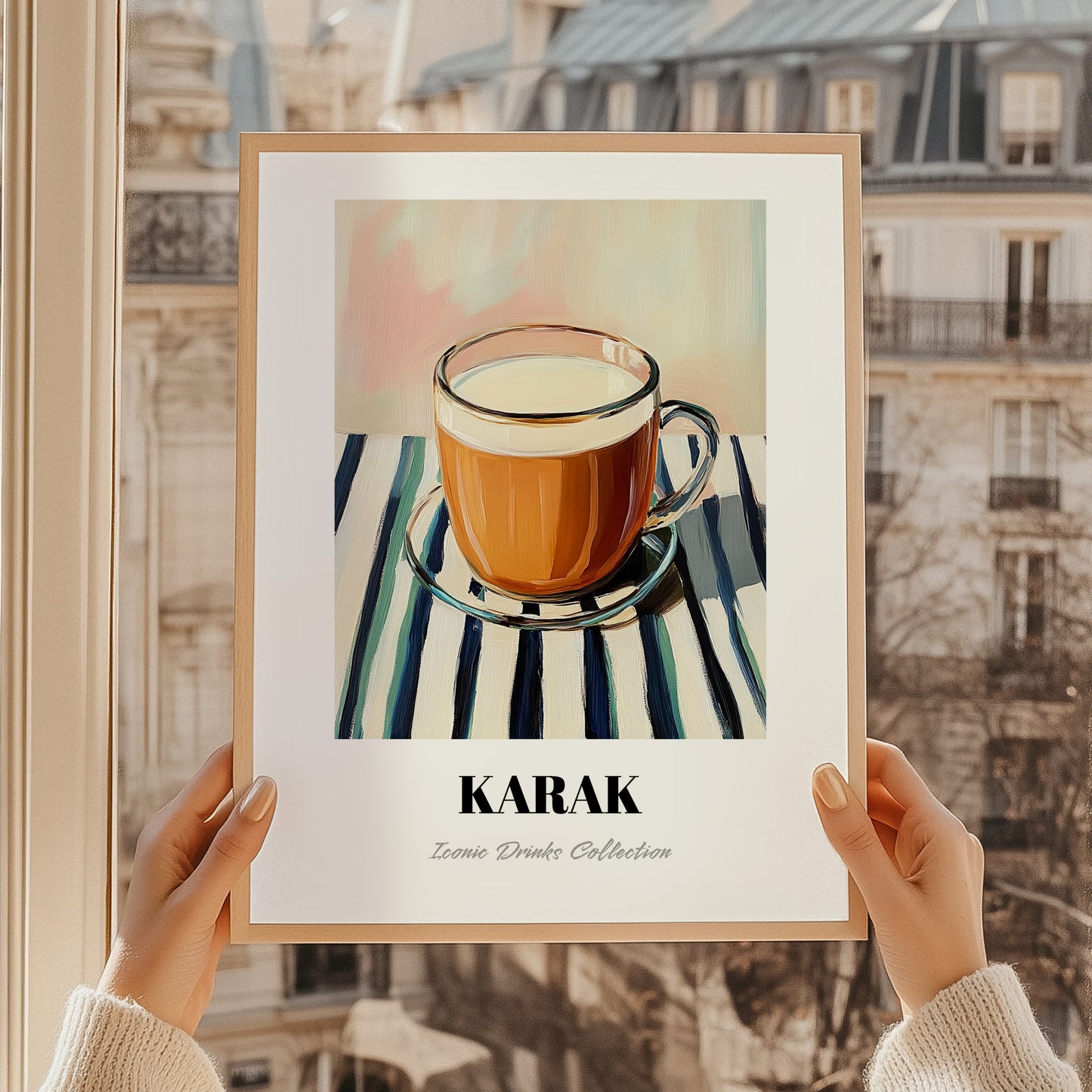 Karak – on Striped Tablecloth, Qatari Beverage Wall Decor, styled in a charming Paris street view