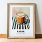 Karak – on Striped Tablecloth, Qatari Beverage Wall Decor, in wooden frame leaning on the floor