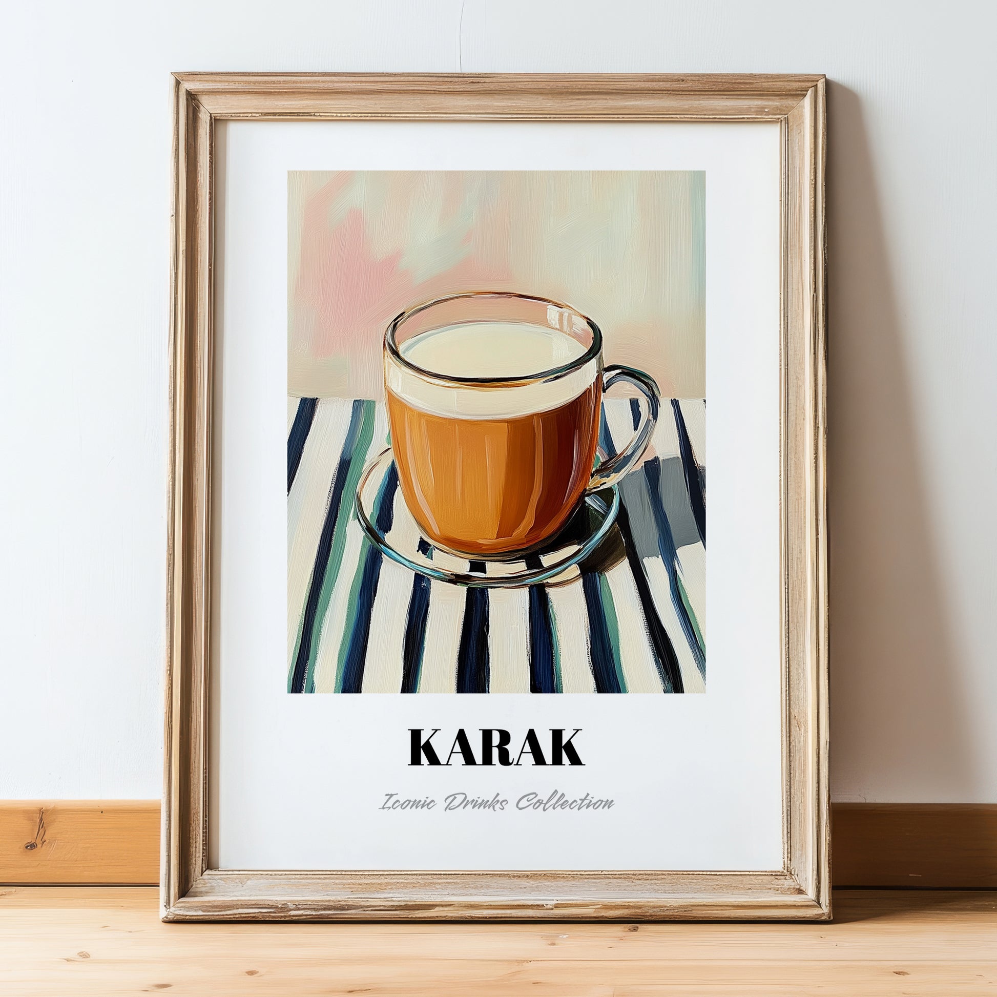 Karak – on Striped Tablecloth, Qatari Beverage Wall Decor, in wooden frame leaning on the floor