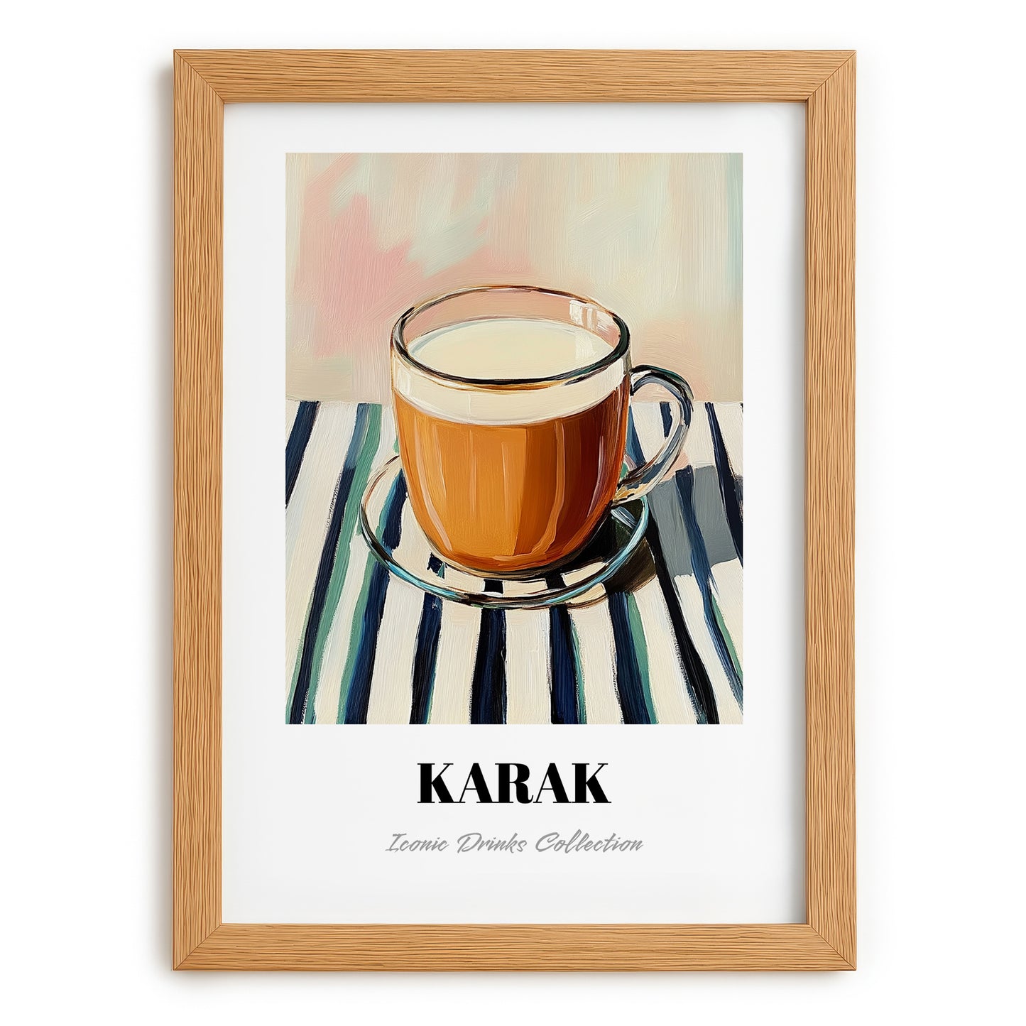 Karak – on Striped Tablecloth, Qatari Beverage Wall Decor, set in oak frame