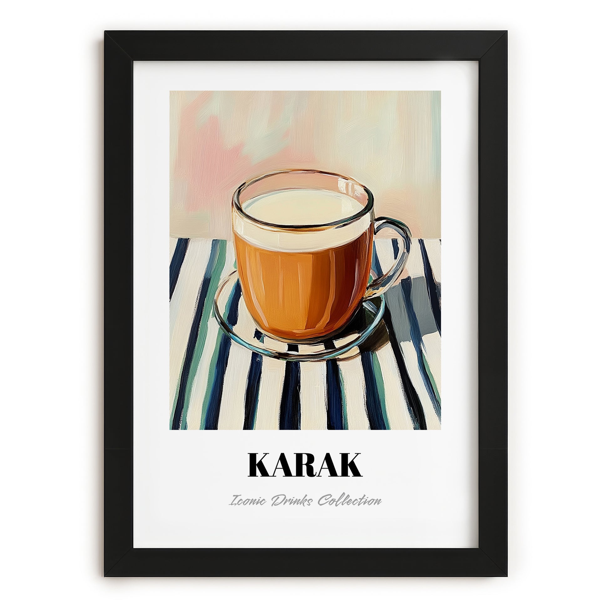 Karak – on Striped Tablecloth, Qatari Beverage Wall Decor, in sleek black frame