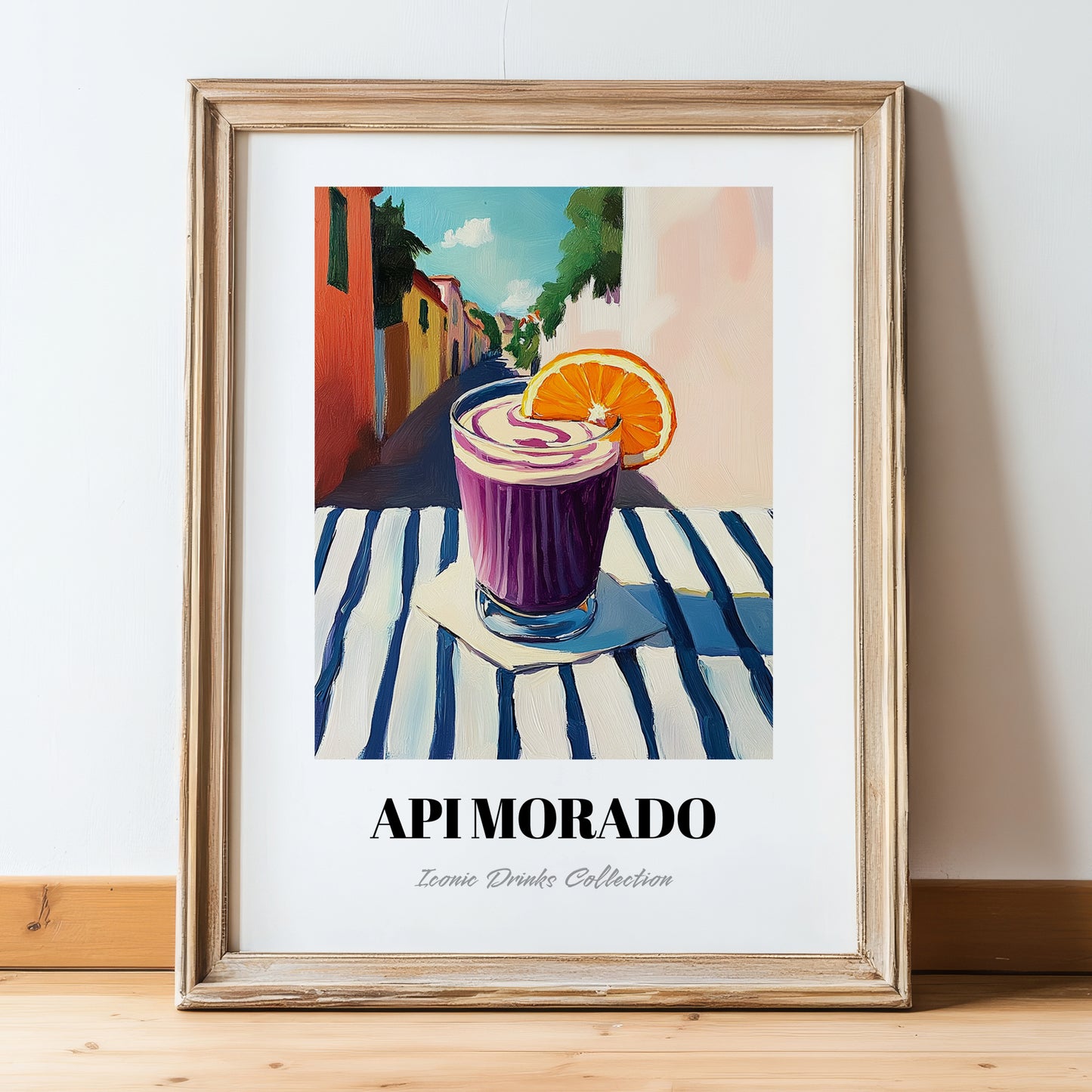 Api Morado – Bolivian Outdoor Café Scene, Bolivian Beverage Still Life, in wooden frame leaning on the floor