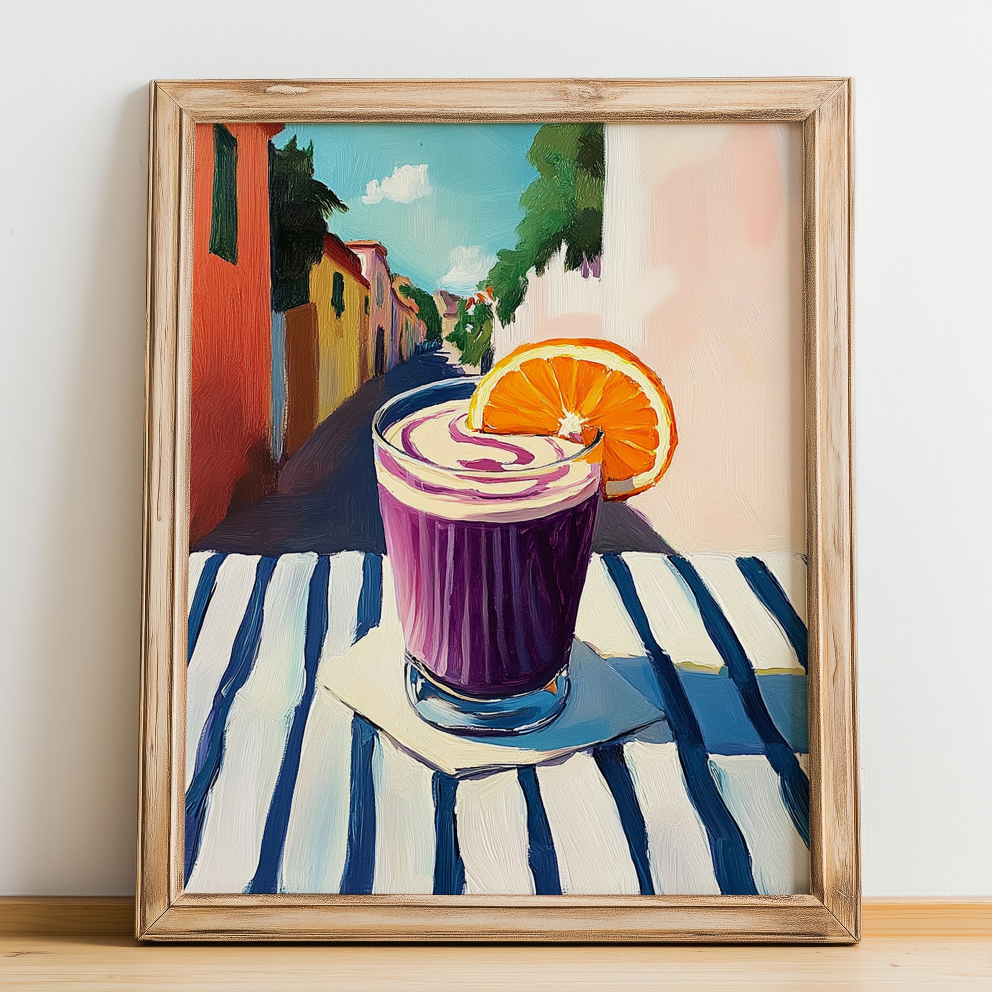 Api Morado – Bolivian Outdoor Café Scene, Bolivian Beverage Still Life, no-text version framed in wood