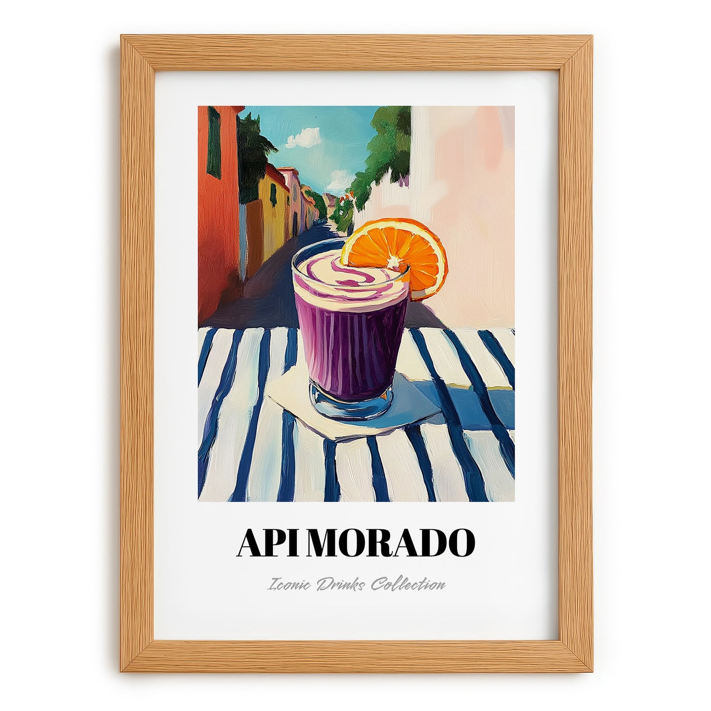 Api Morado – Bolivian Outdoor Café Scene, Bolivian Beverage Still Life, set in oak frame