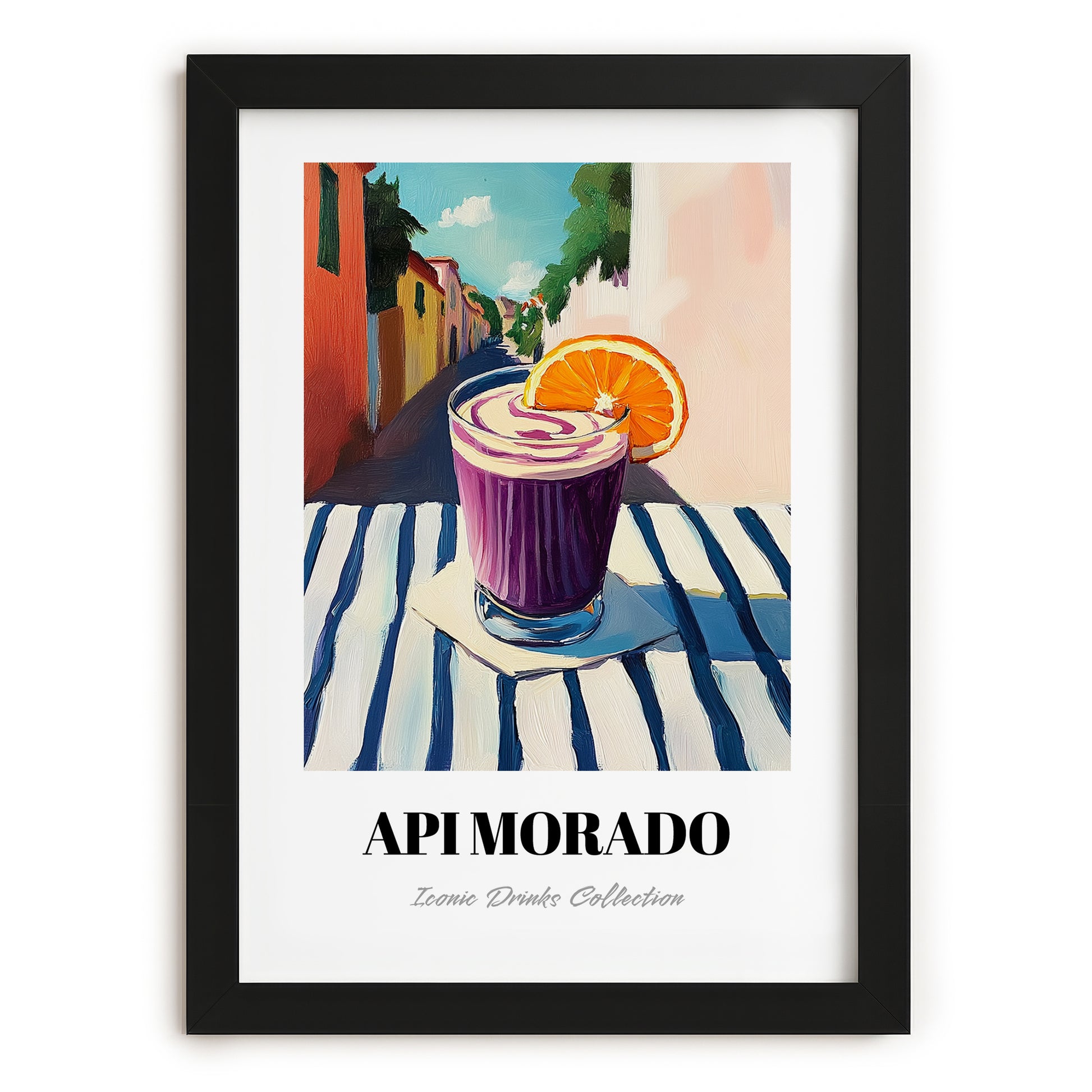 Api Morado – Bolivian Outdoor Café Scene, Bolivian Beverage Still Life, in sleek black frame