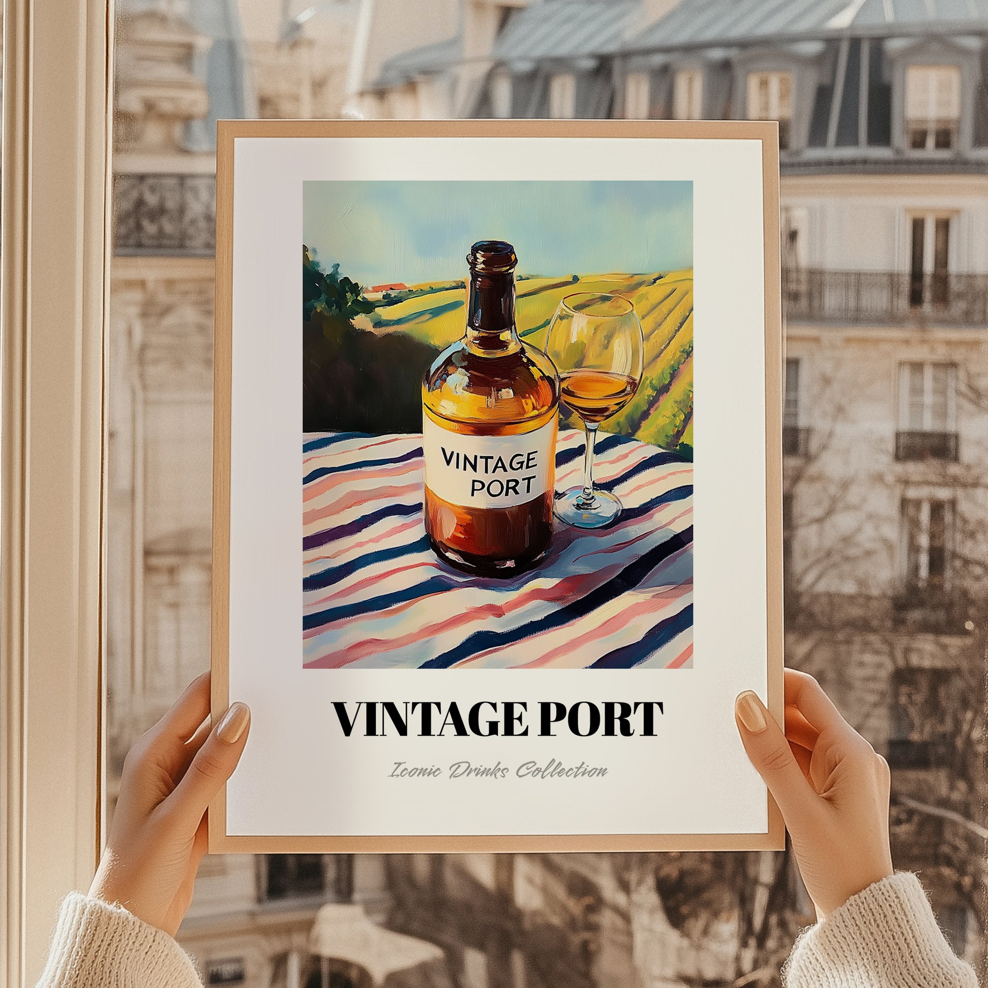 Vintage Port – Portuguese Hillside Café View, Portuguese Dessert Wine Wall Art, styled in a charming Paris street view