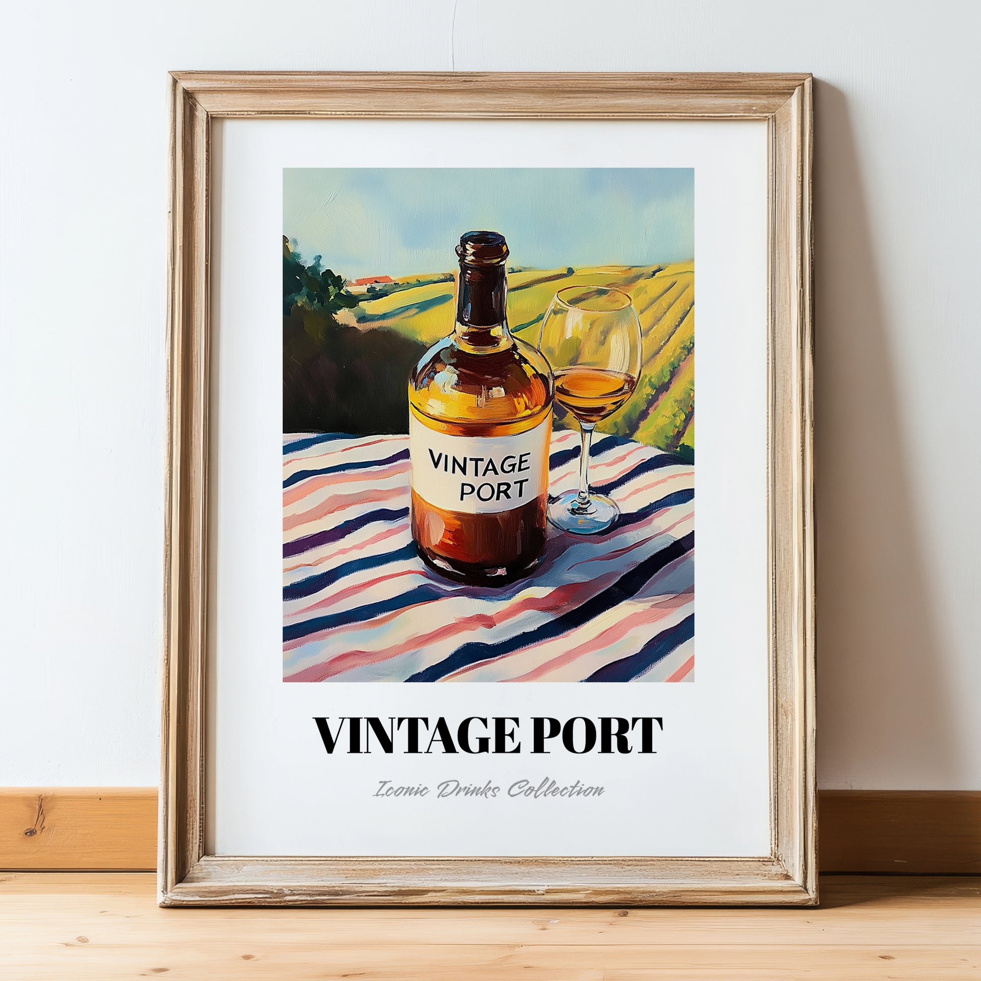 Vintage Port – Portuguese Hillside Café View, Portuguese Dessert Wine Wall Art, in wooden frame leaning on the floor