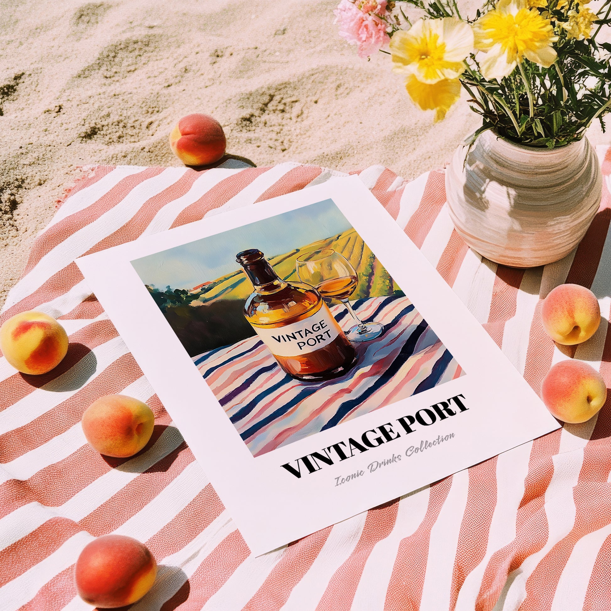 Vintage Port – Portuguese Hillside Café View, Portuguese Dessert Wine Wall Art, unframed on coastal sand