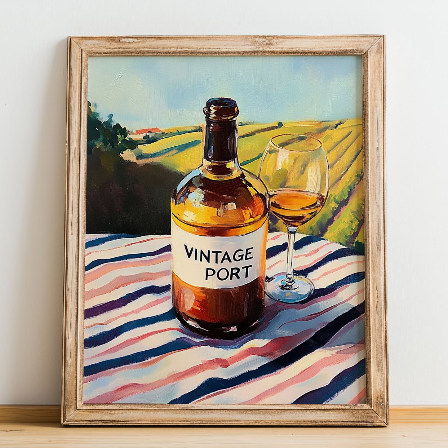 Vintage Port – Portuguese Hillside Café View, Portuguese Dessert Wine Wall Art, no-text version framed in wood
