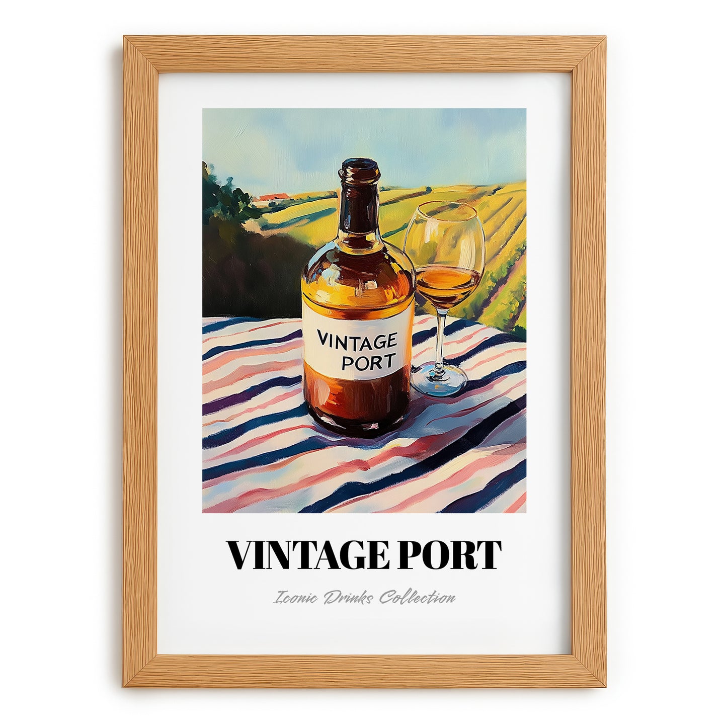 Vintage Port – Portuguese Hillside Café View, Portuguese Dessert Wine Wall Art, set in oak frame