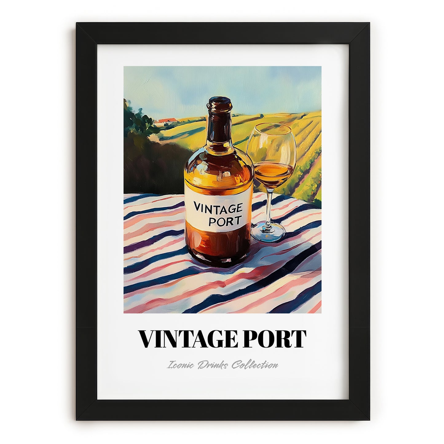 Vintage Port – Portuguese Hillside Café View, Portuguese Dessert Wine Wall Art, in sleek black frame