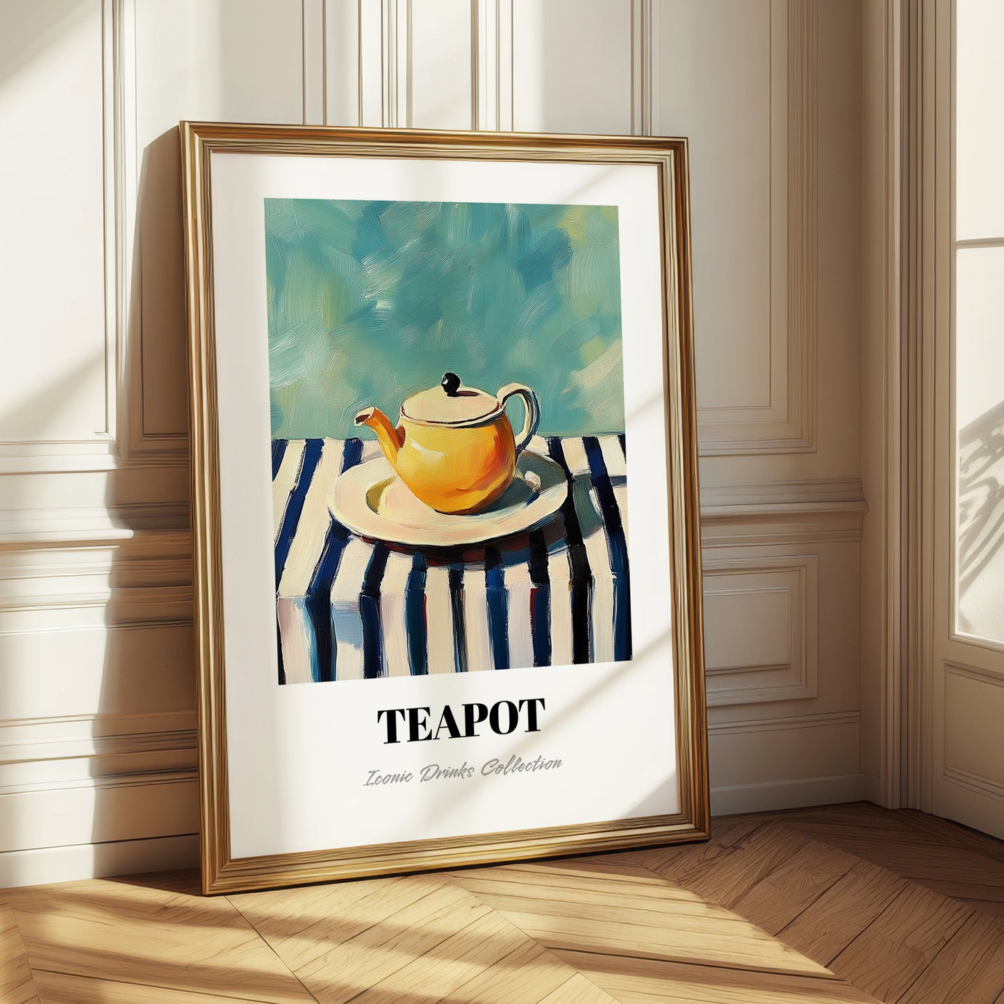 Teapot – on Striped Tablecloth, Kitchen Utensils Painting