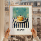 Teapot – on Striped Tablecloth, Kitchen Utensils Painting, styled in a charming Paris street view