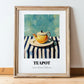 Teapot – on Striped Tablecloth, Kitchen Utensils Painting, in wooden frame leaning on the floor