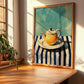 Teapot – on Striped Tablecloth, Kitchen Utensils Painting, clean layout with no caption
