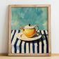 Teapot – on Striped Tablecloth, Kitchen Utensils Painting, no-text version framed in wood