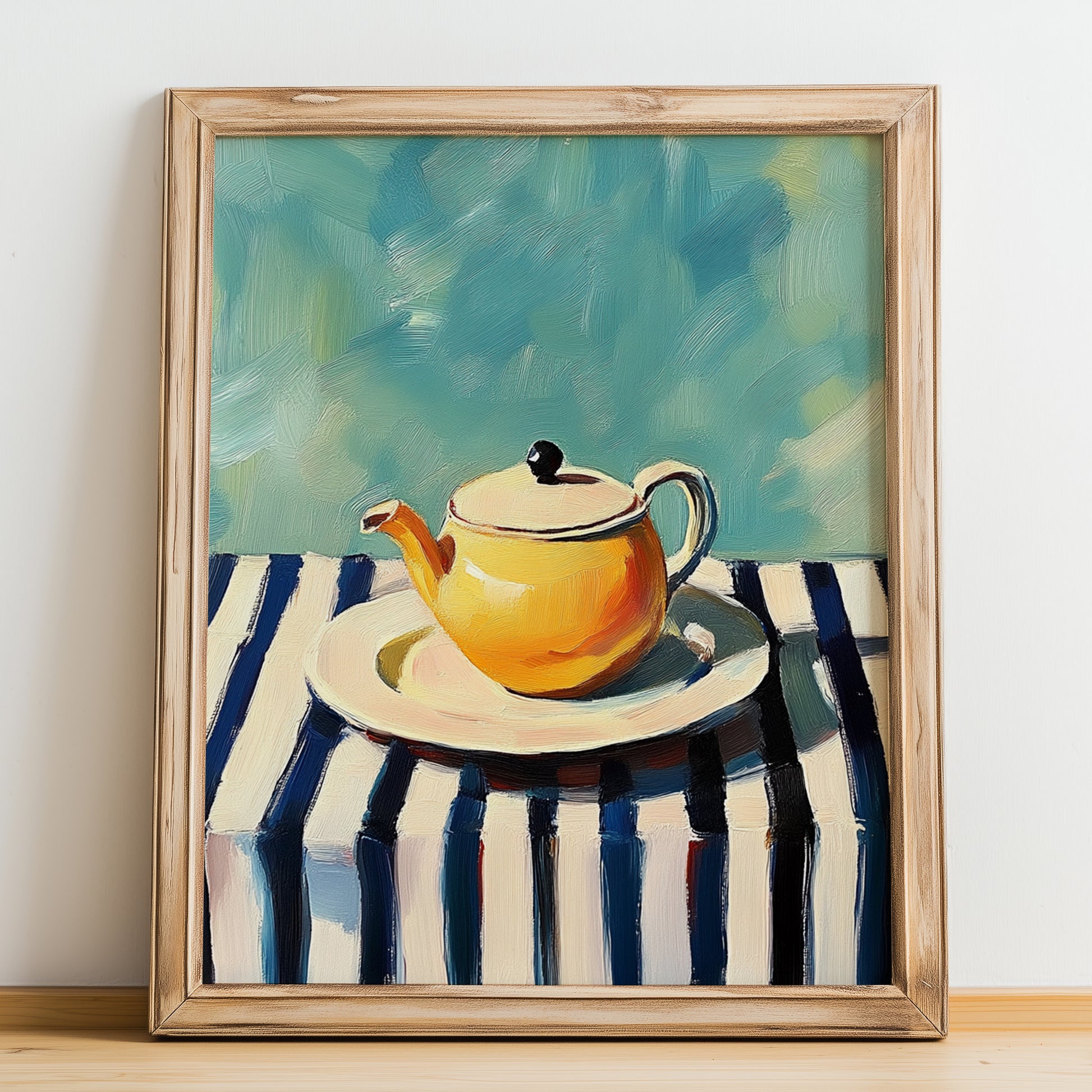 Teapot – on Striped Tablecloth, Kitchen Utensils Painting, no-text version framed in wood