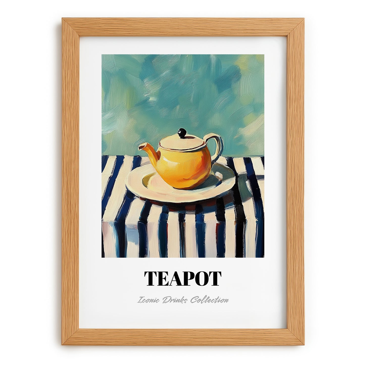 Teapot – on Striped Tablecloth, Kitchen Utensils Painting, set in oak frame