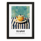 Teapot – on Striped Tablecloth, Kitchen Utensils Painting, in sleek black frame