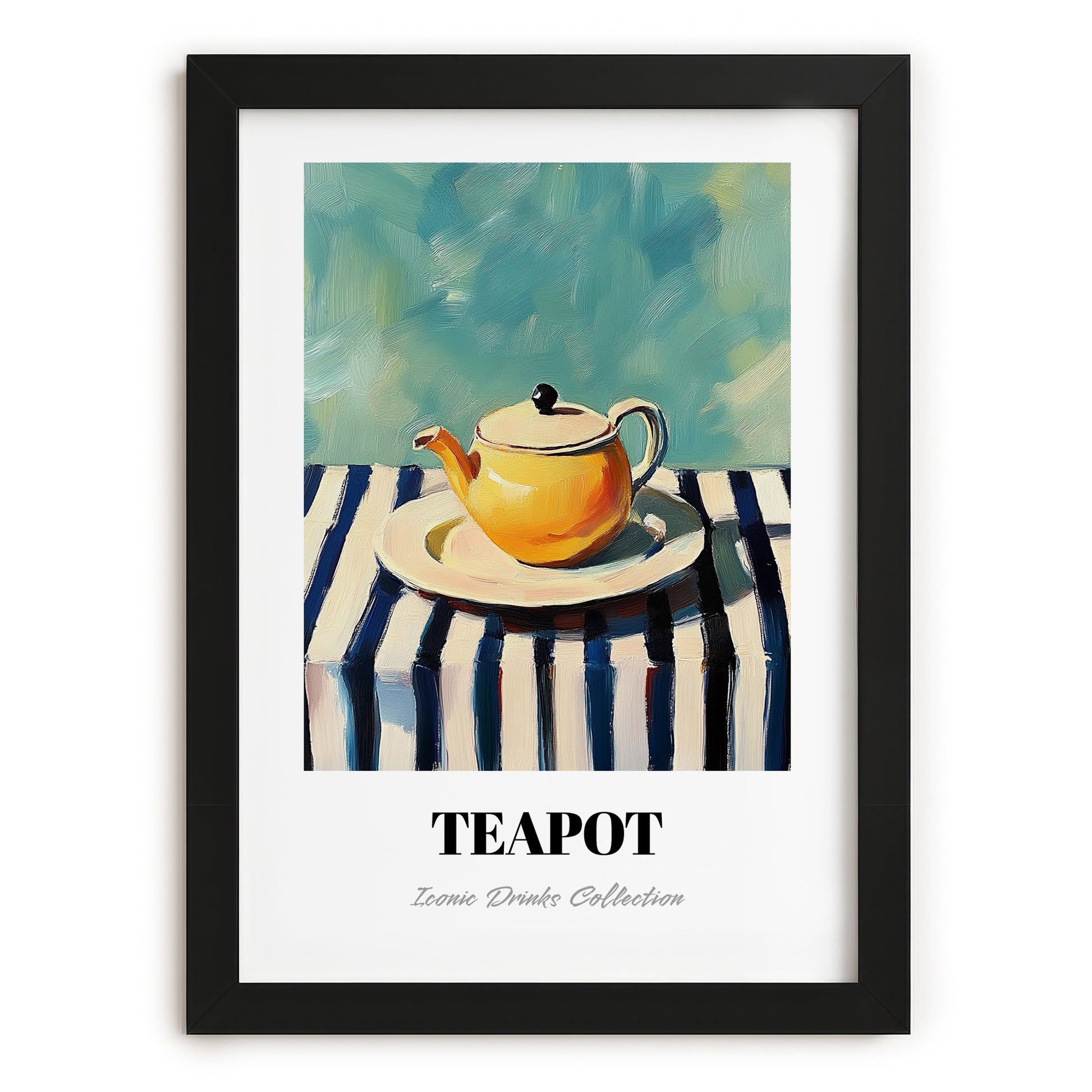 Teapot – on Striped Tablecloth, Kitchen Utensils Painting, in sleek black frame