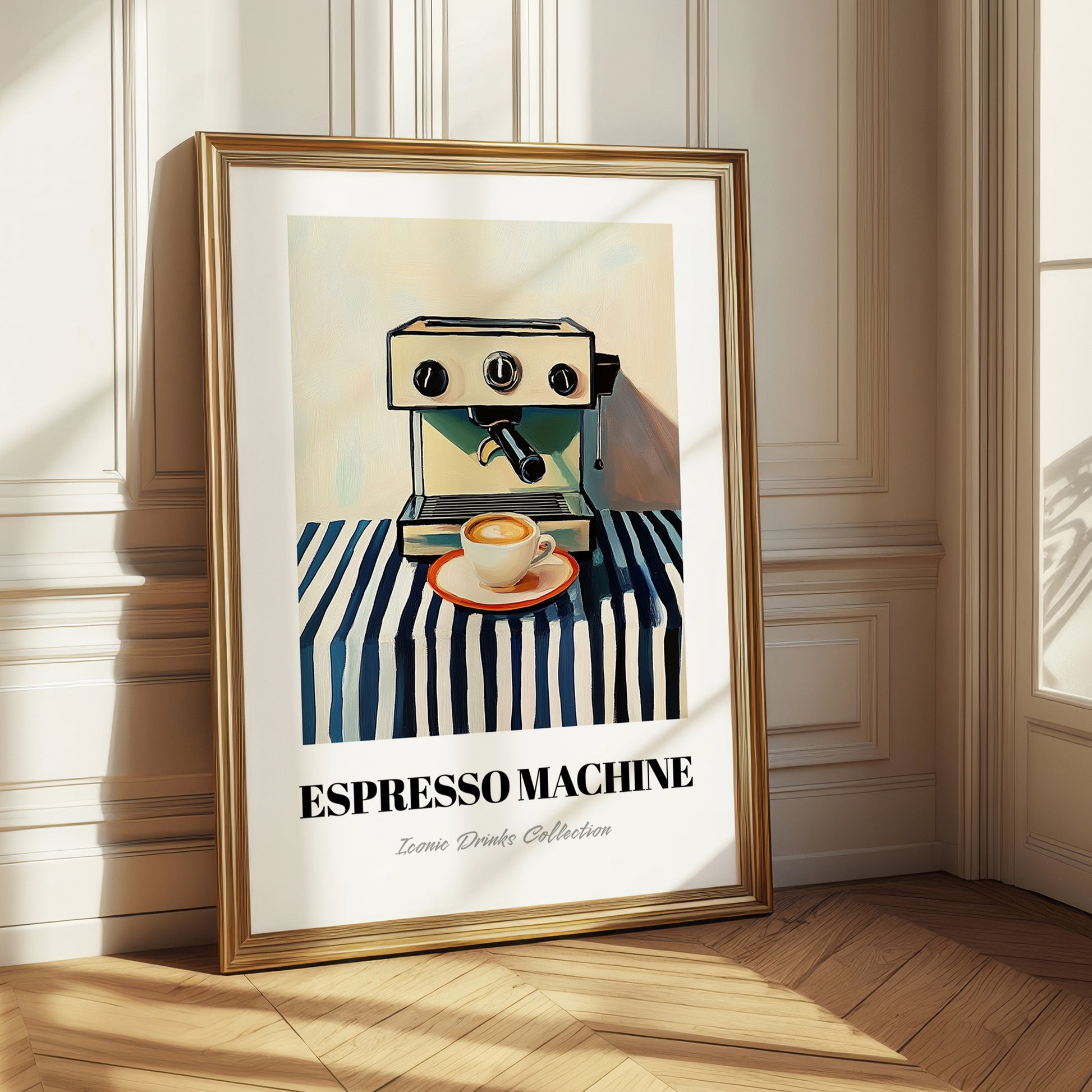 Espresso Machine – on Striped Tablecloth, Kitchen Utensils Wall Decor