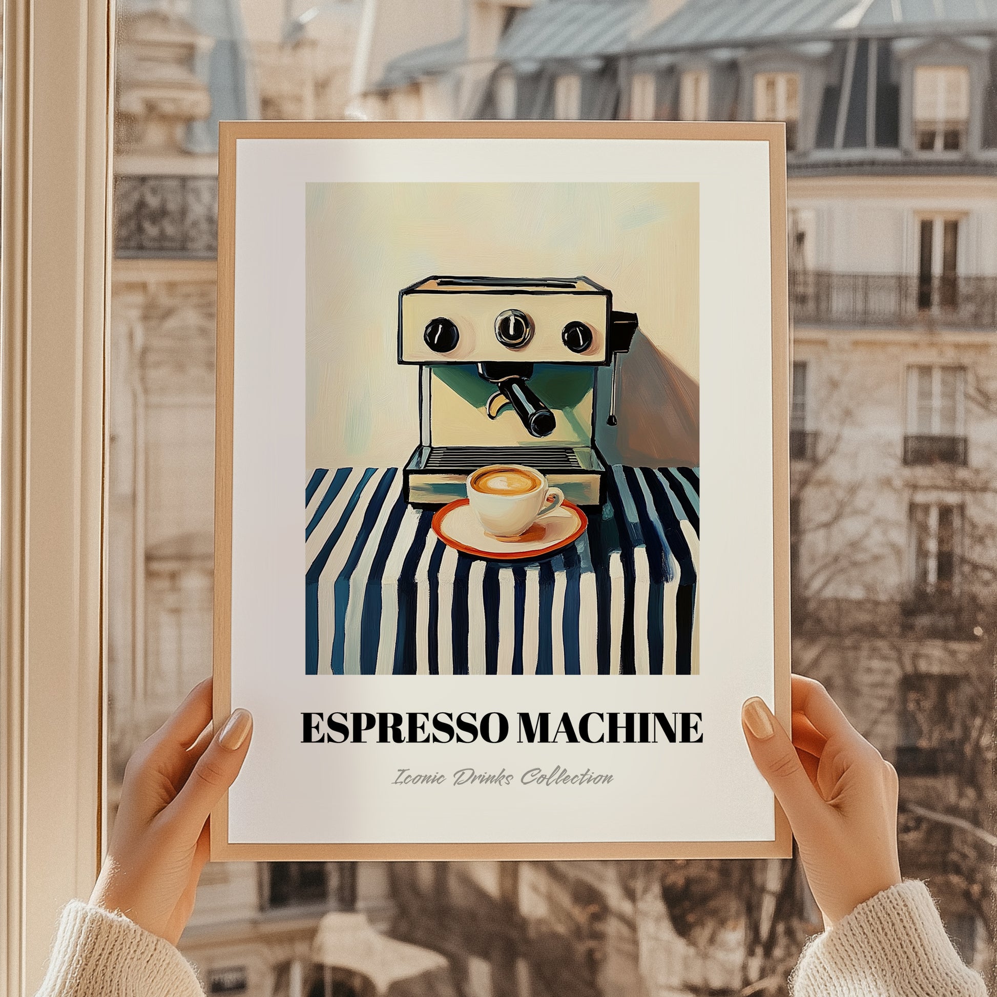 Espresso Machine – on Striped Tablecloth, Kitchen Utensils Wall Decor, styled in a charming Paris street view