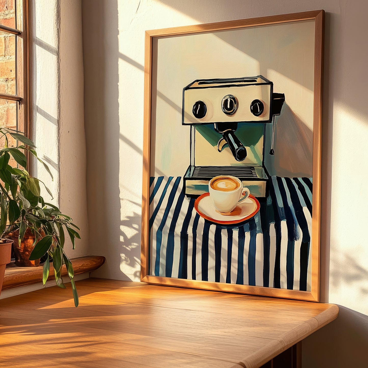 Espresso Machine – on Striped Tablecloth, Kitchen Utensils Wall Decor, clean layout with no caption