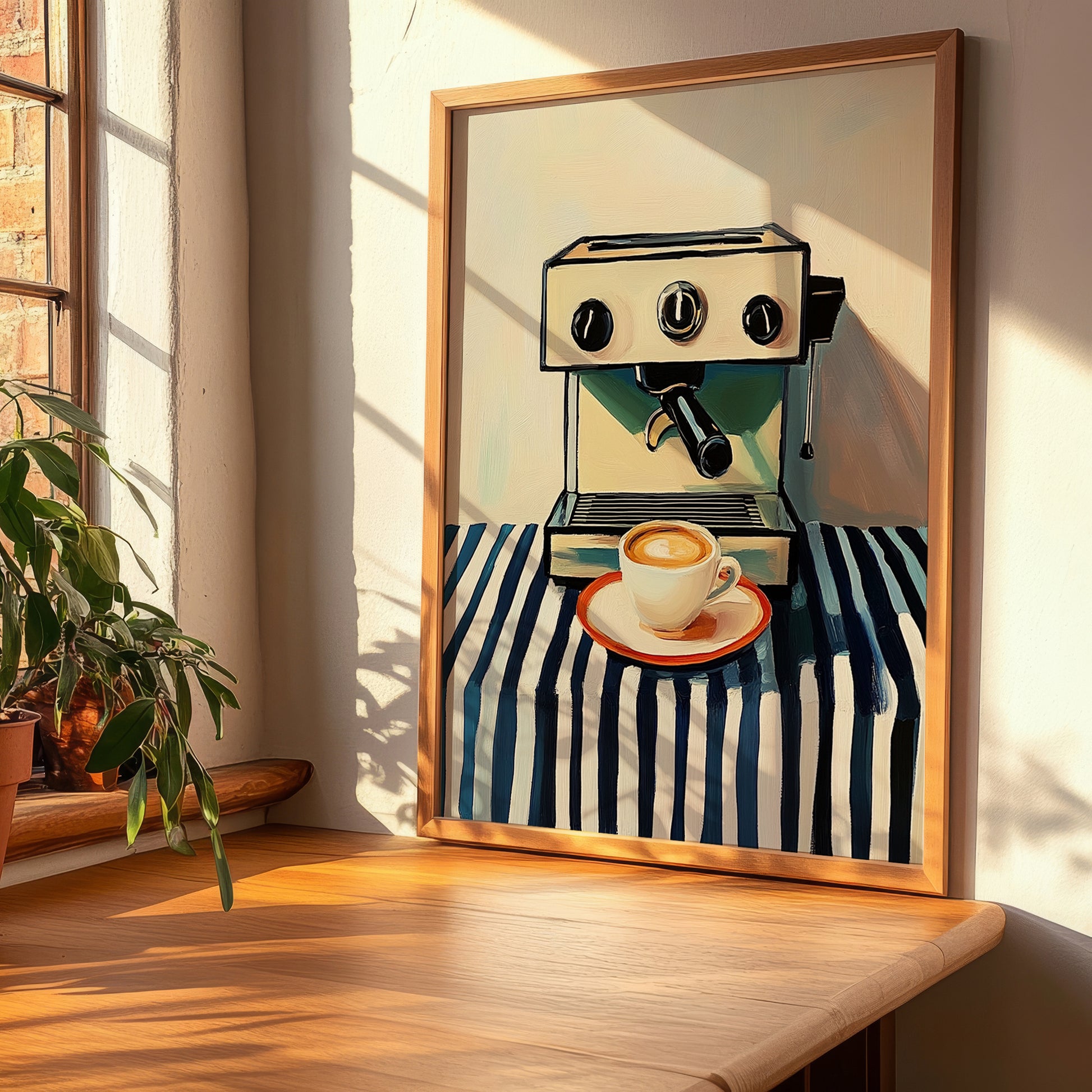 Espresso Machine – on Striped Tablecloth, Kitchen Utensils Wall Decor, clean layout with no caption