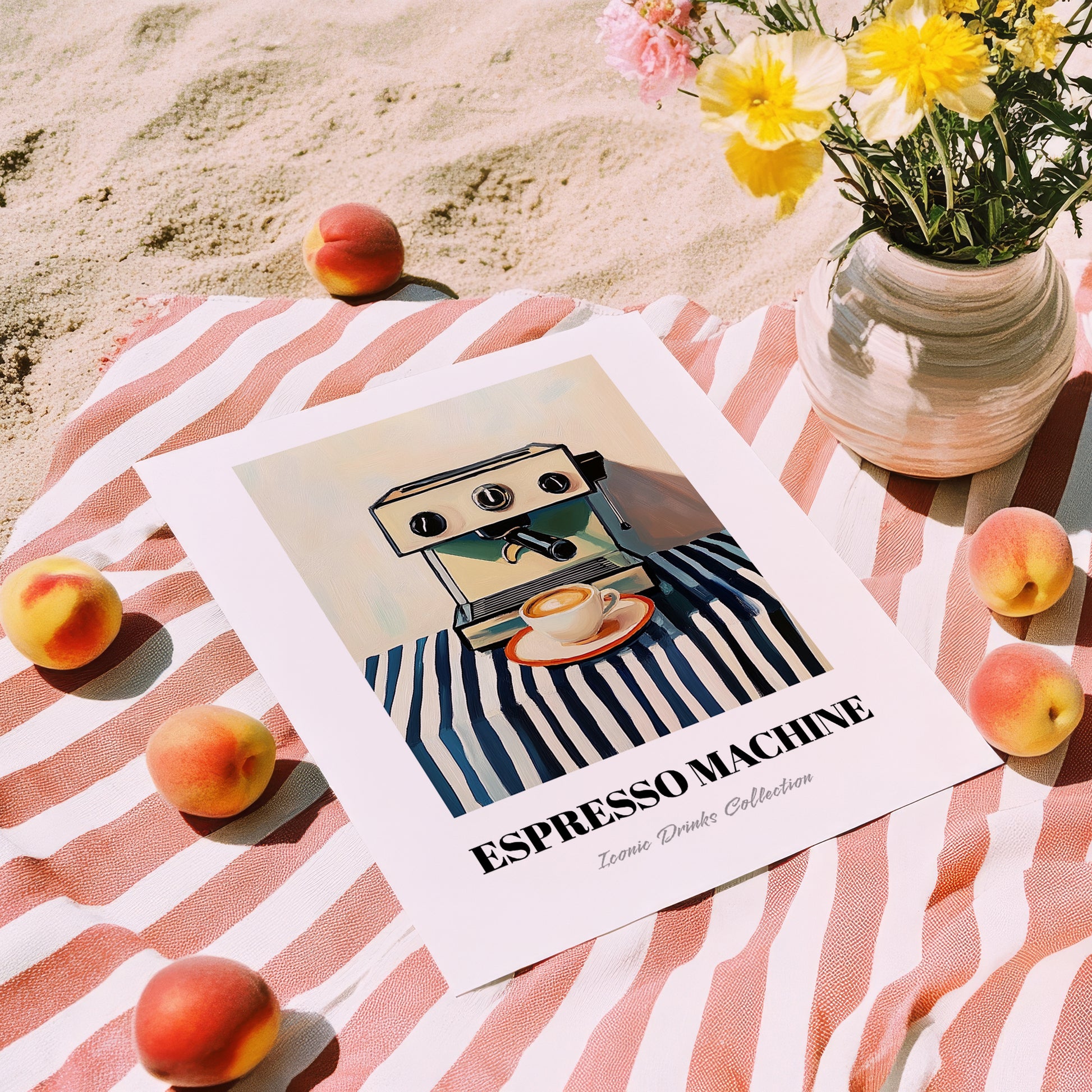 Espresso Machine – on Striped Tablecloth, Kitchen Utensils Wall Decor, unframed on coastal sand