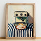 Espresso Machine – on Striped Tablecloth, Kitchen Utensils Wall Decor, no-text version framed in wood