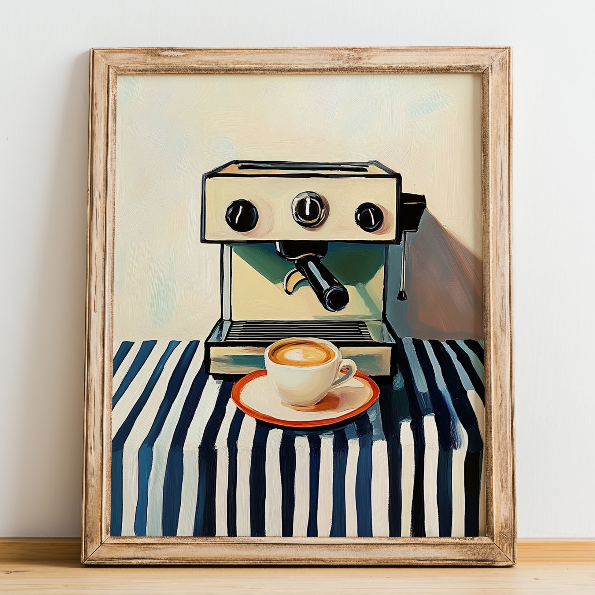 Espresso Machine – on Striped Tablecloth, Kitchen Utensils Wall Decor, no-text version framed in wood