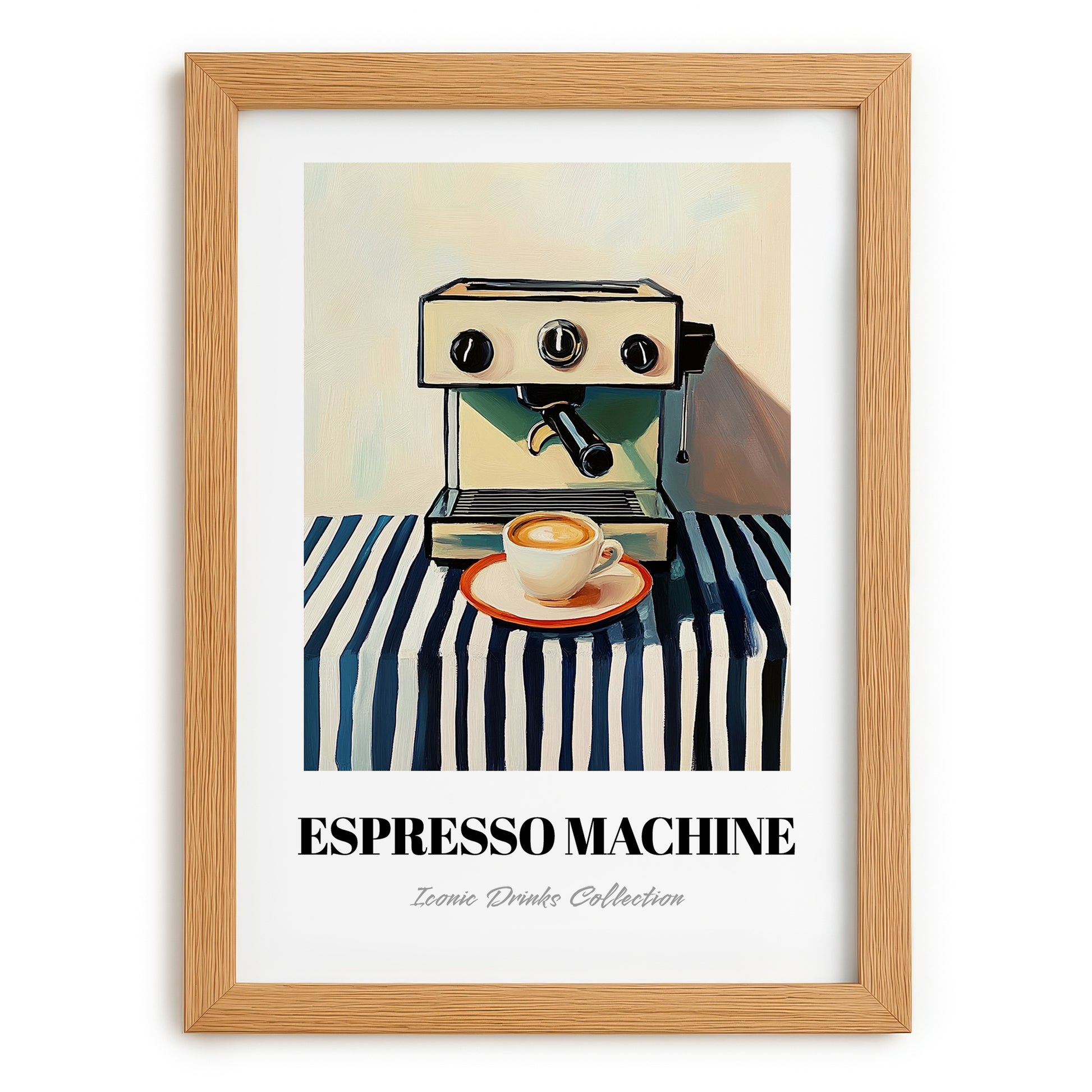 Espresso Machine – on Striped Tablecloth, Kitchen Utensils Wall Decor, set in oak frame
