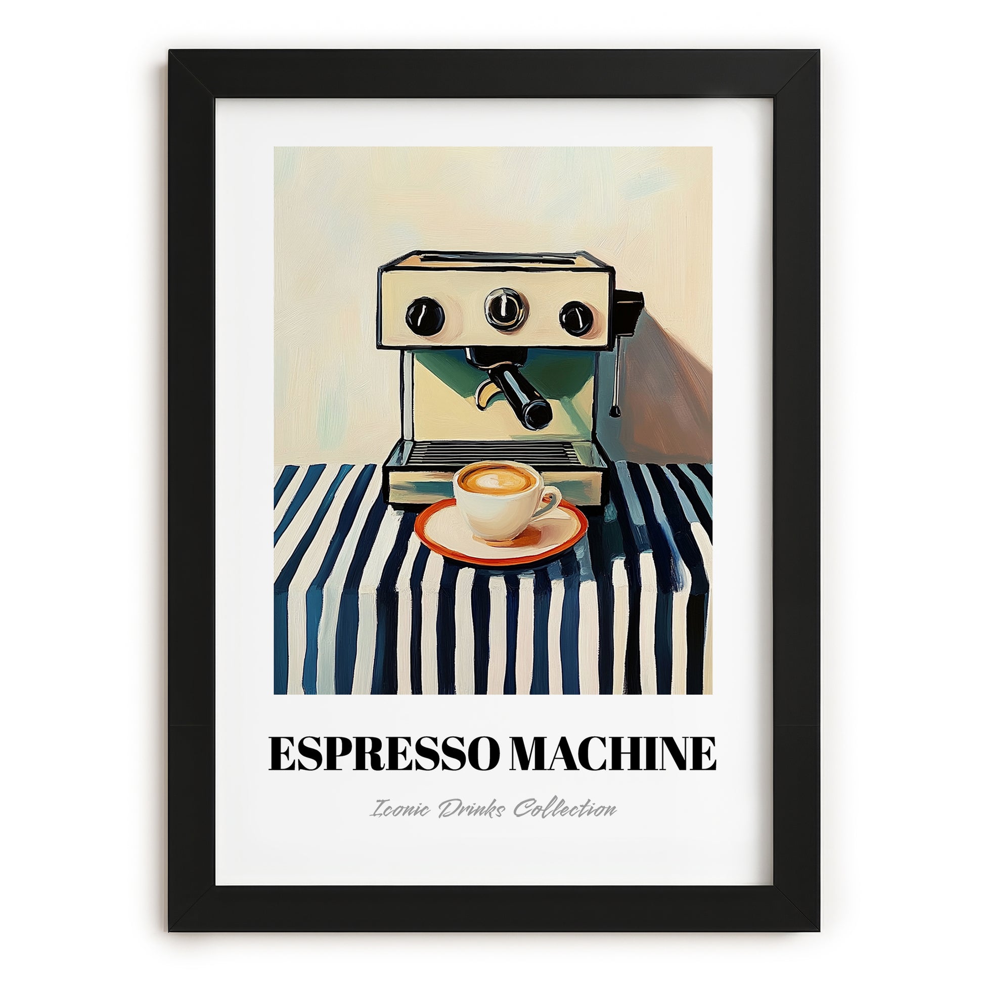Espresso Machine – on Striped Tablecloth, Kitchen Utensils Wall Decor, in sleek black frame