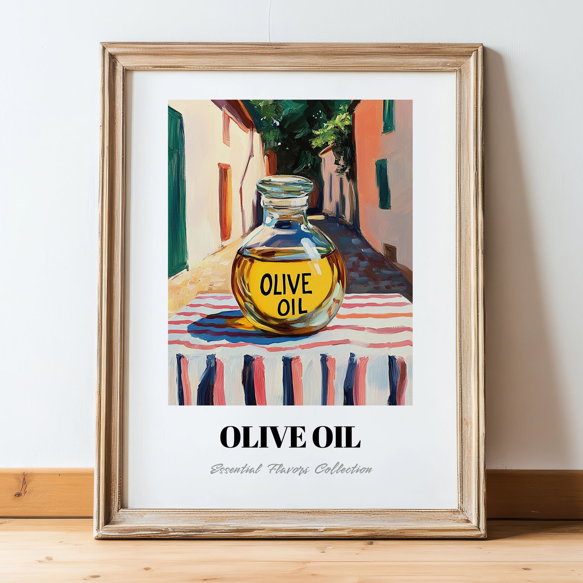 Olive Oil – Italian Street Café Scene, Food Shelf Wall Art, in wooden frame leaning on the floor