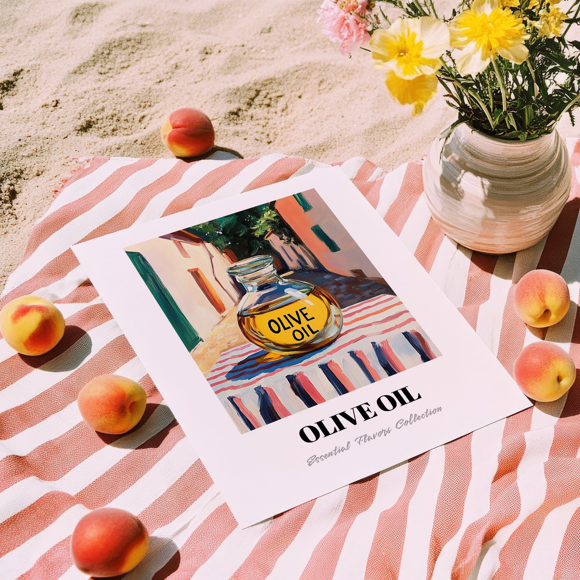 Olive Oil – Italian Street Café Scene, Food Shelf Wall Art, unframed on coastal sand