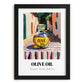 Olive Oil – Italian Street Café Scene, Food Shelf Wall Art, in sleek black frame