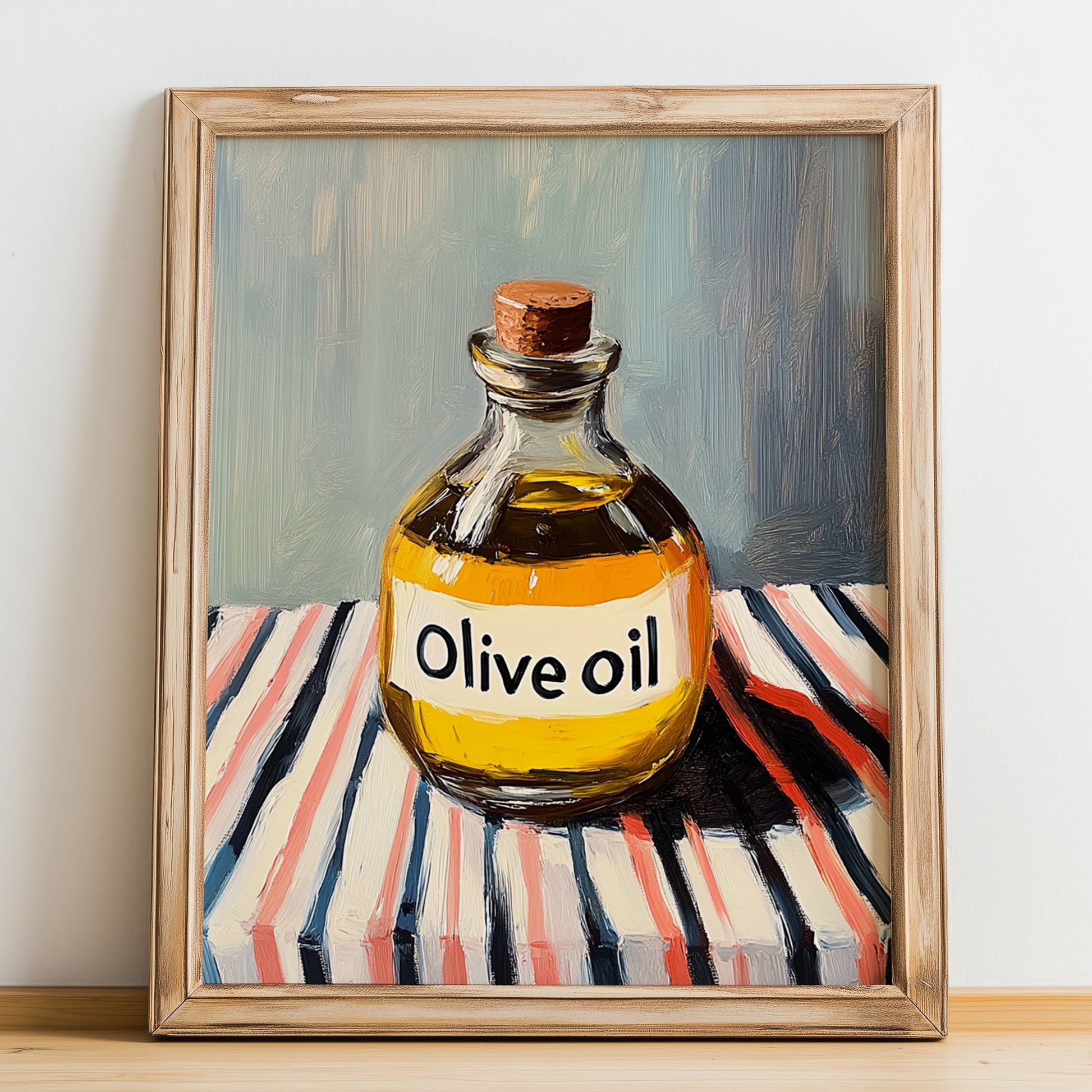 Olive Oil – on Striped Tablecloth, Pantry Poster, no-text version framed in wood