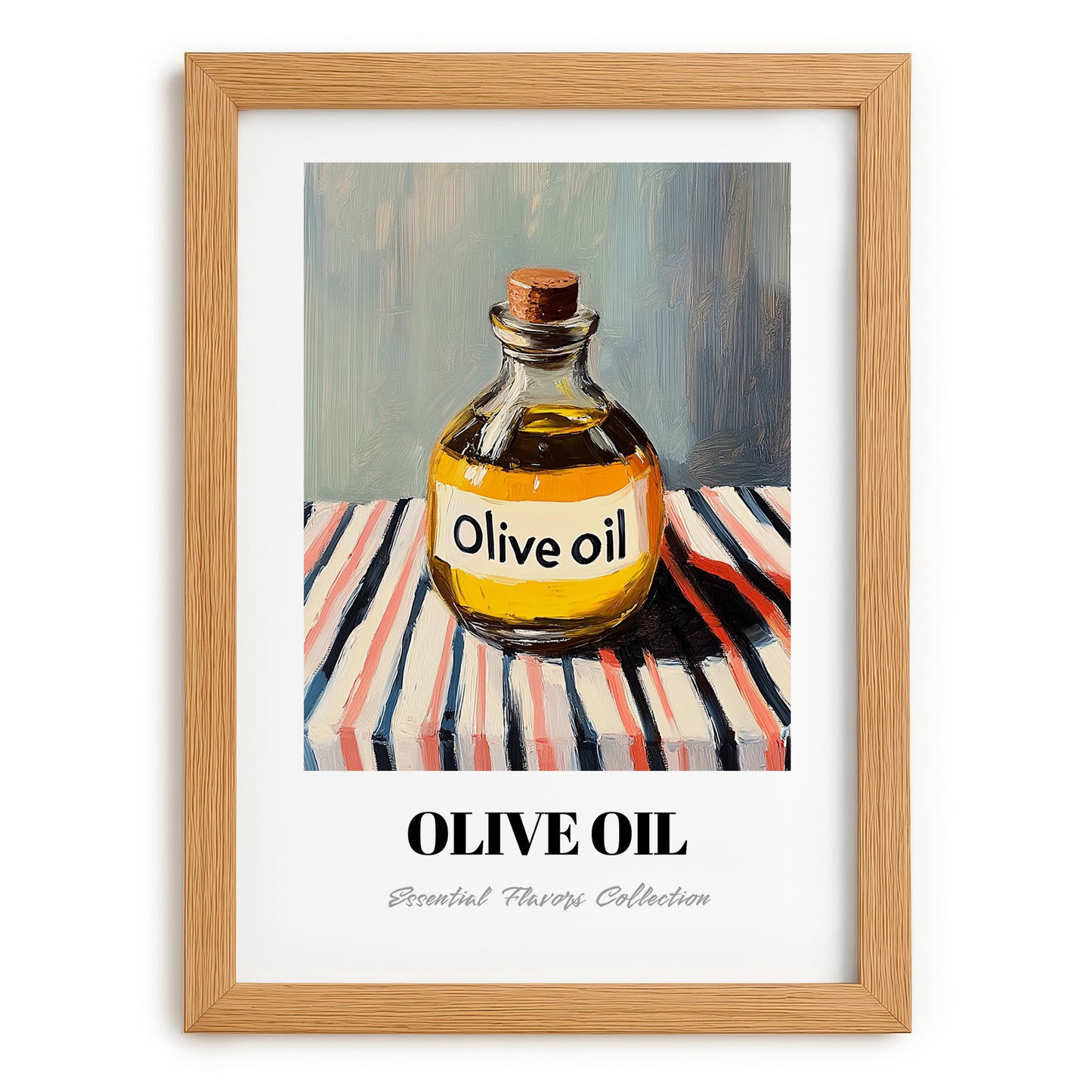 Olive Oil – on Striped Tablecloth, Pantry Poster, set in oak frame