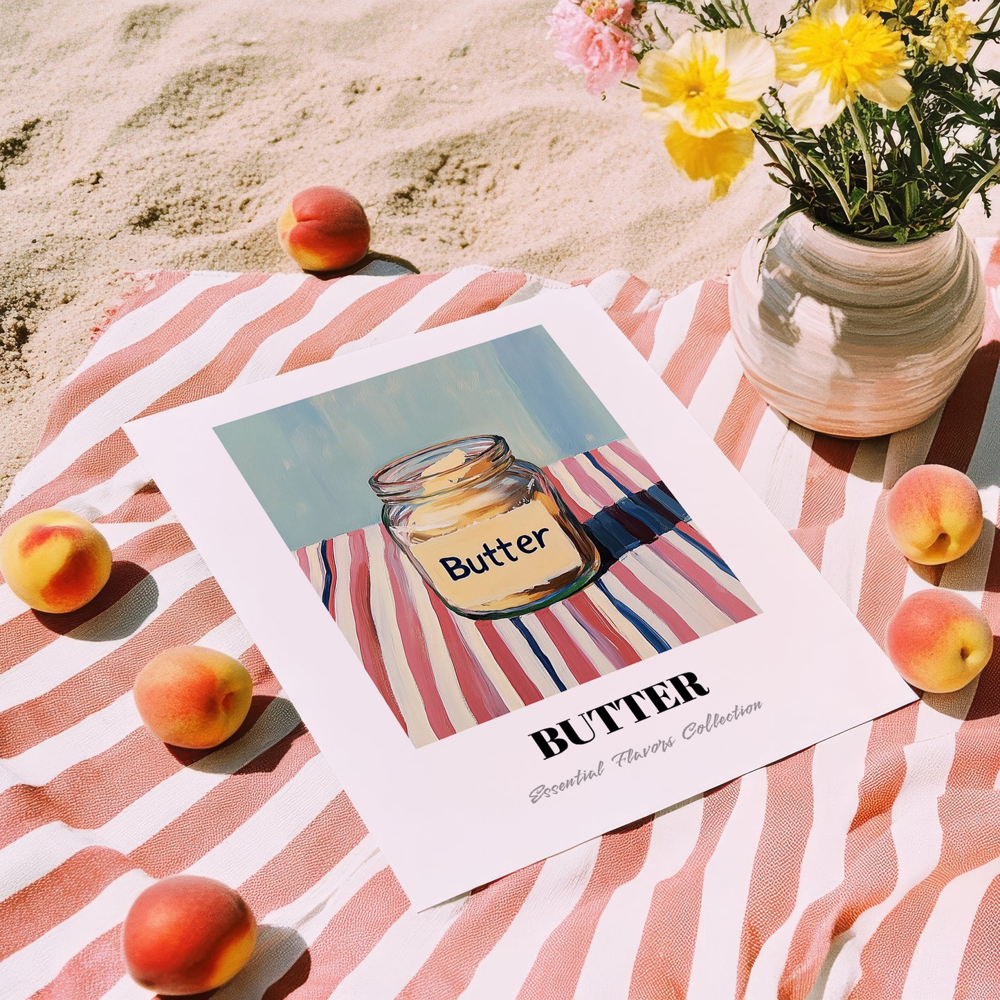 Butter – on Striped Tablecloth, Dry Goods Painting, unframed on coastal sand