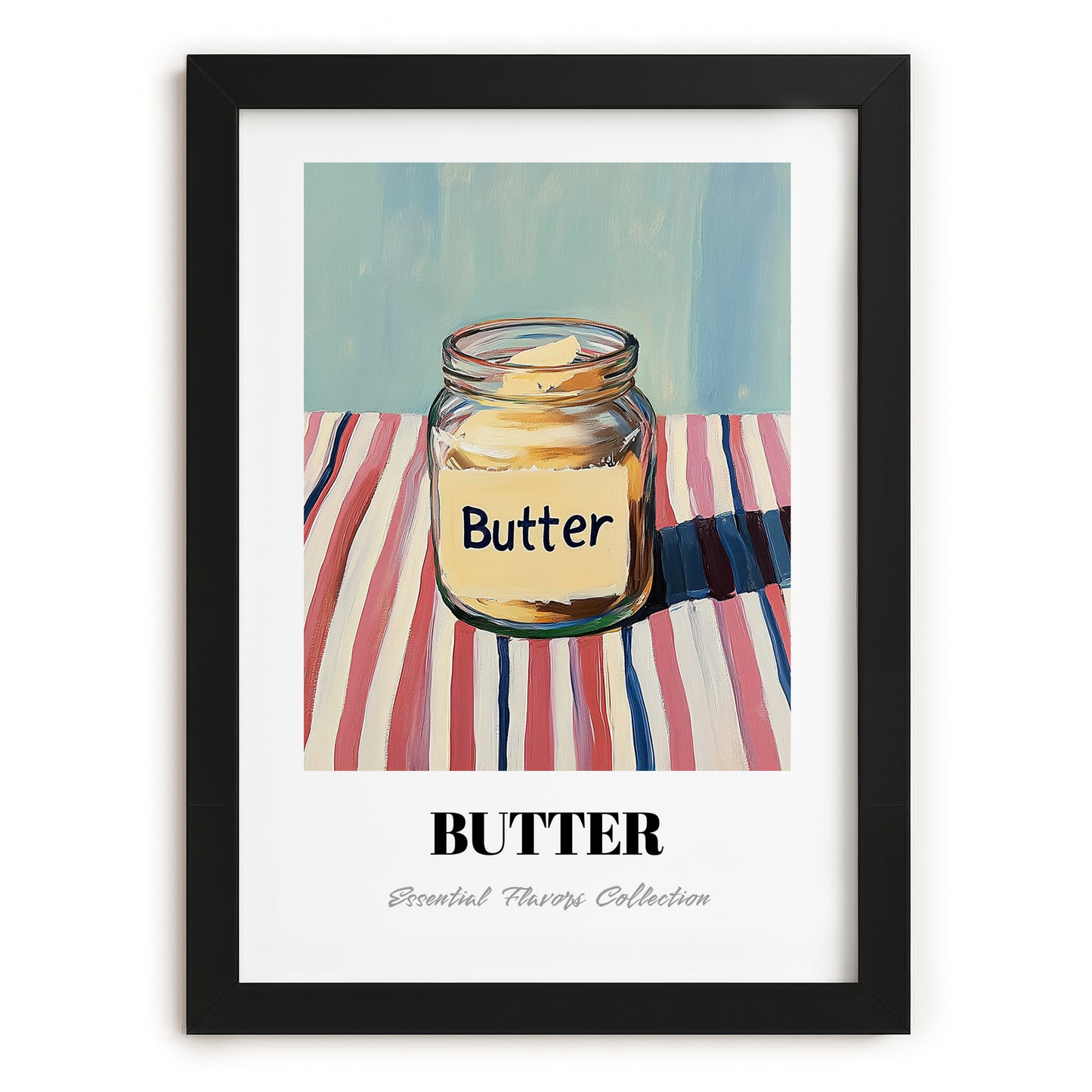 Butter – on Striped Tablecloth, Dry Goods Painting, in sleek black frame