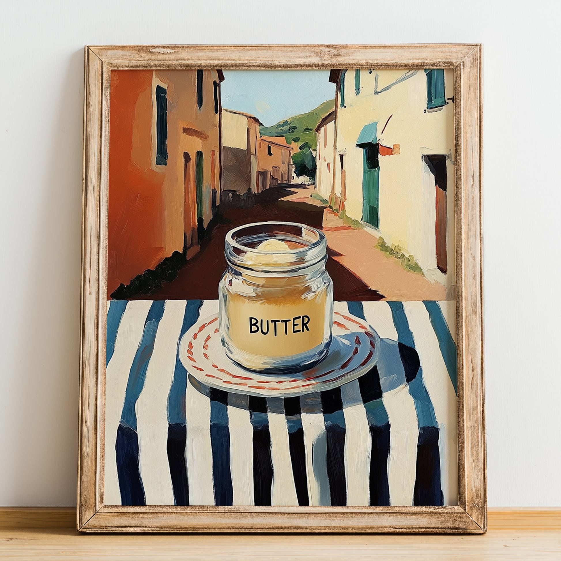 Butter – Italian Café on the Corner, Grocery Still Life, no-text version framed in wood