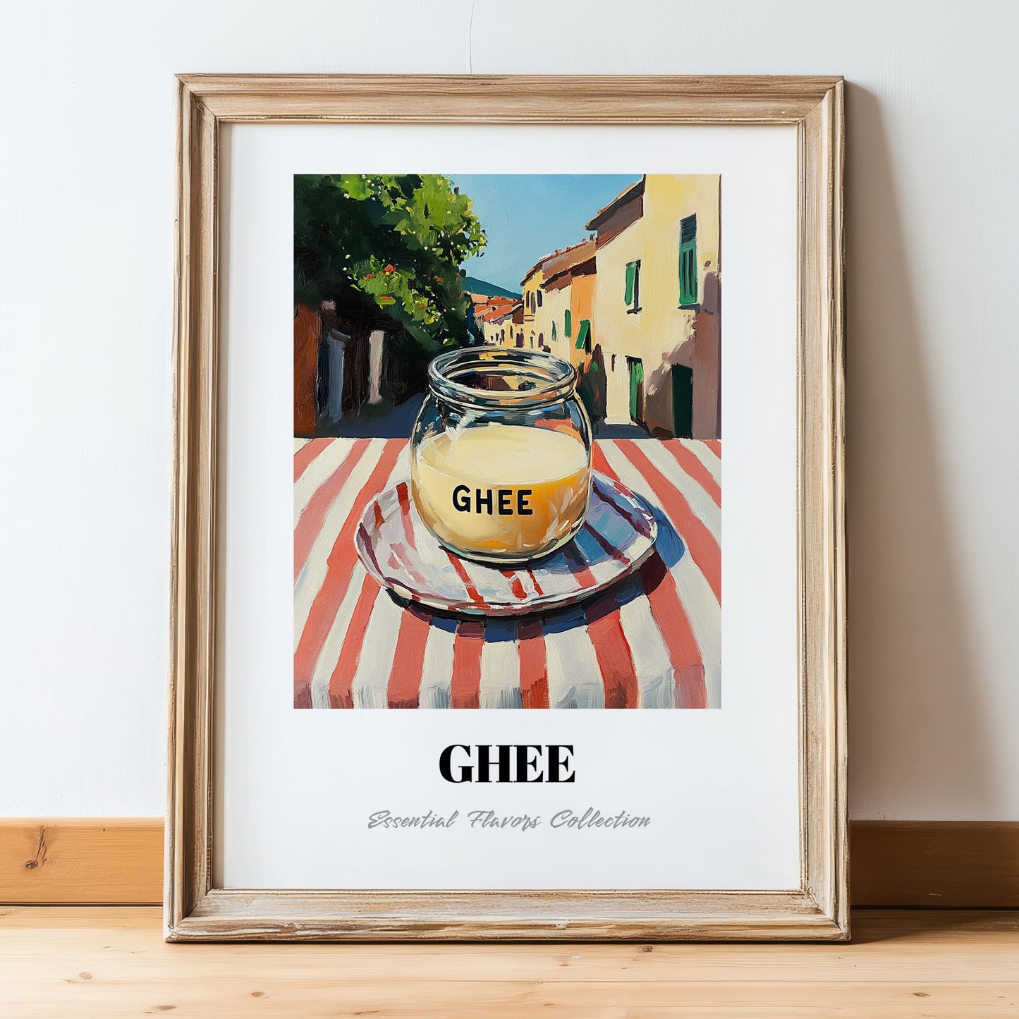 Ghee – Italian Street Café Scene, Pantry Painting, in wooden frame leaning on the floor