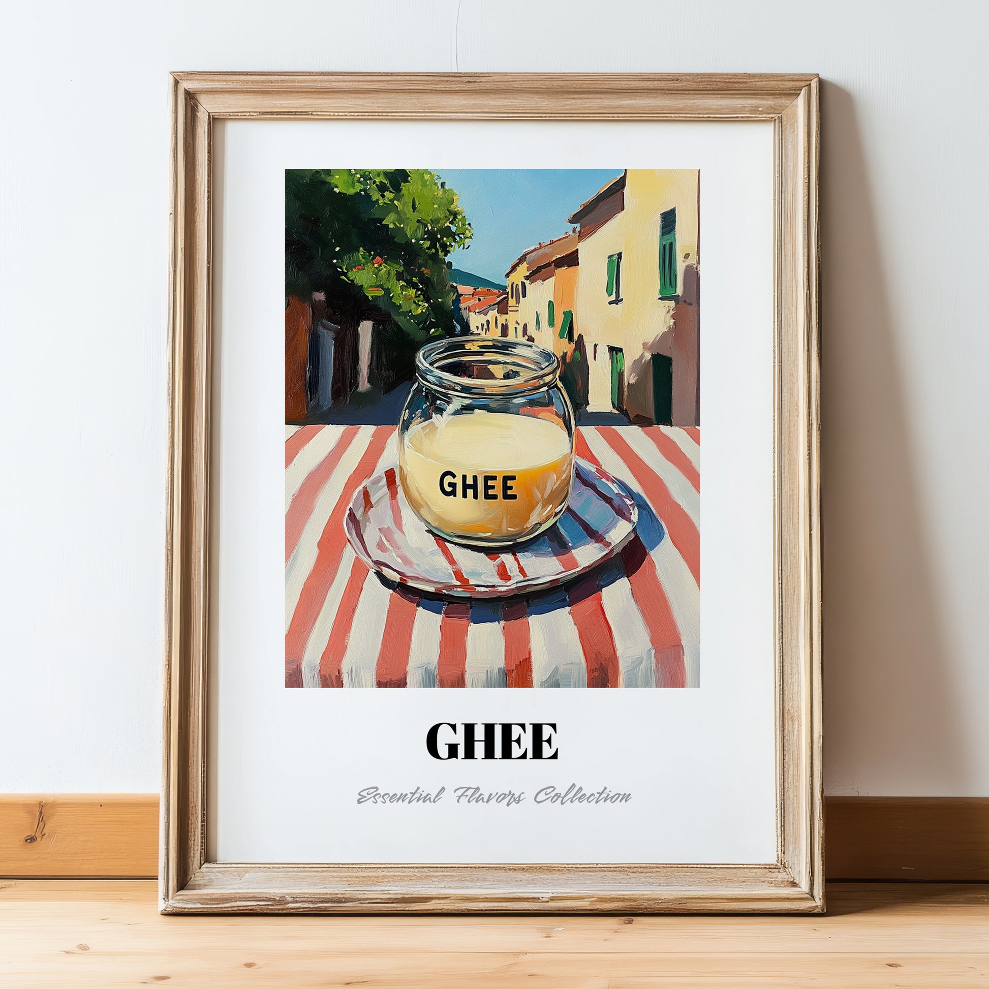 Ghee – Italian Street Café Scene, Pantry Painting, in wooden frame leaning on the floor
