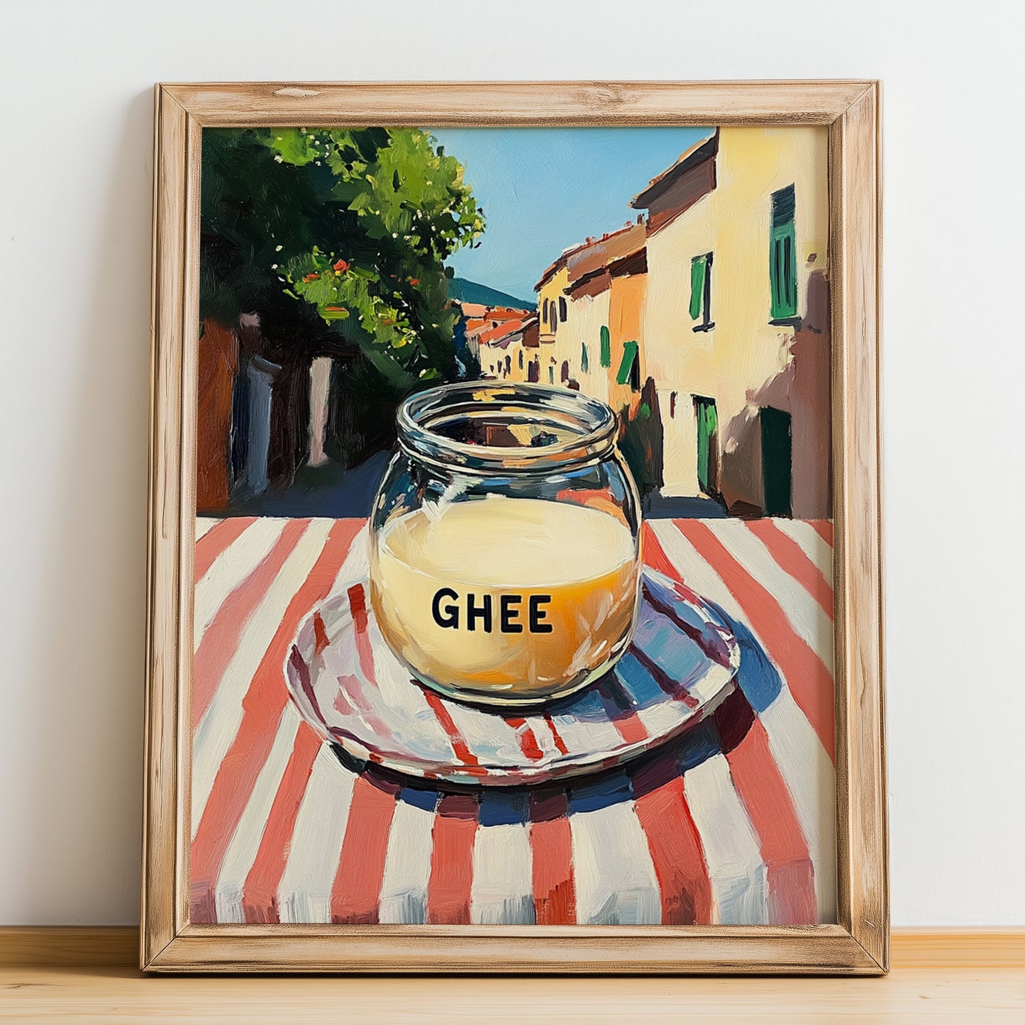 Ghee – Italian Street Café Scene, Pantry Painting, no-text version framed in wood