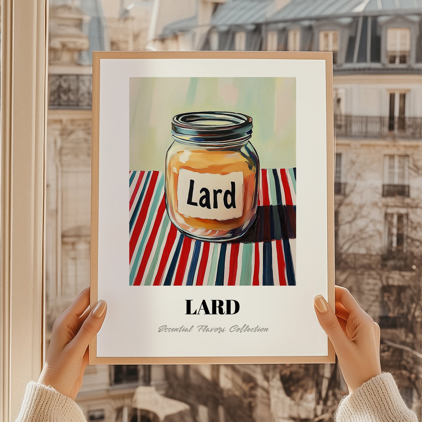 Lard – on Striped Tablecloth, Pantry Art, styled in a charming Paris street view